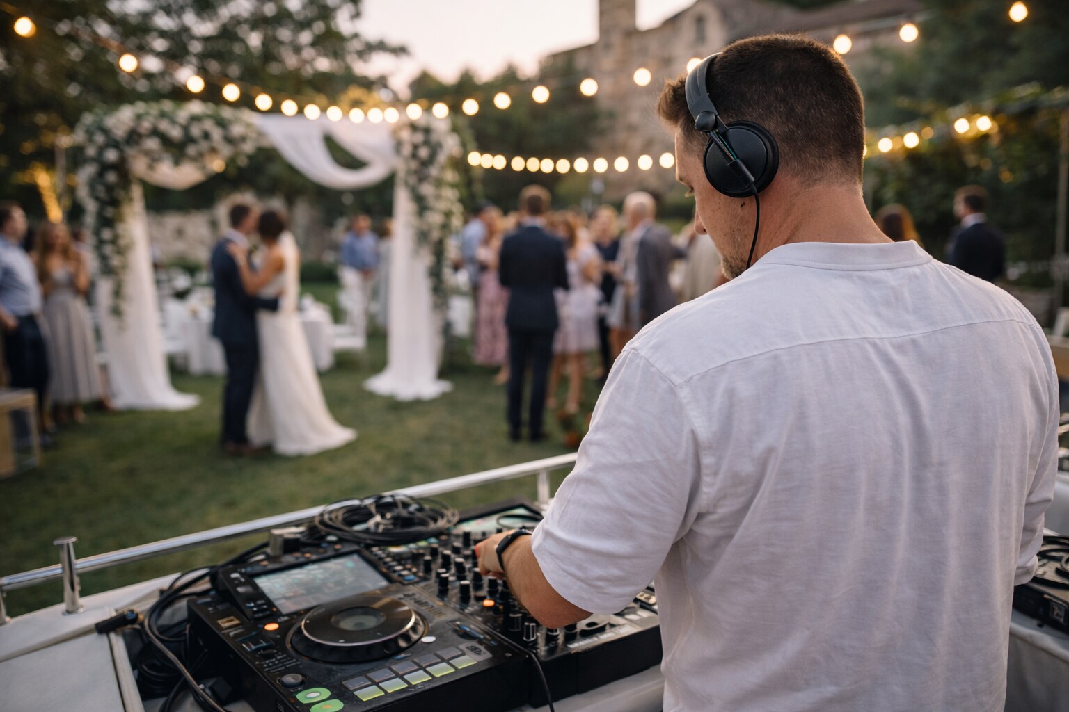 DJ mariage Marseille aux platines, guirlandes lumineuses et cérémonie en arrière-plan