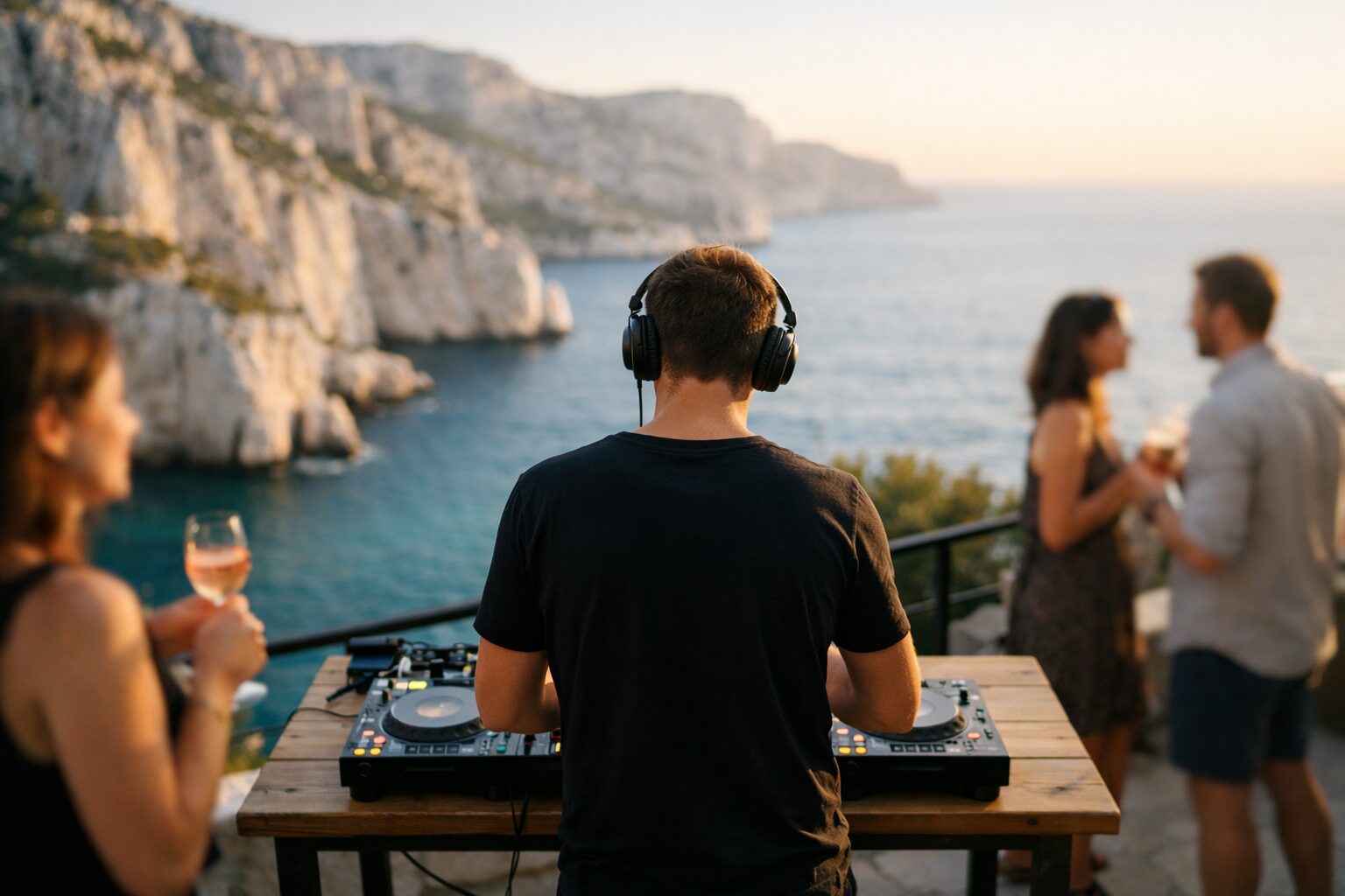 DJ aux platines sur la terrasse d'une villa au-dessus des calanques de Marseille, au coucher du soleil