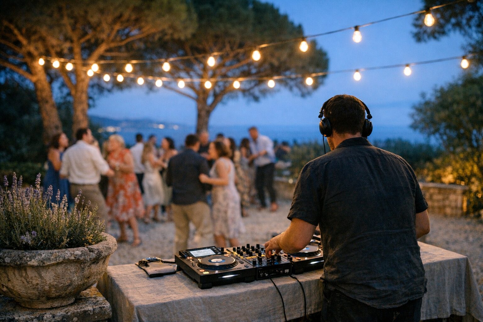 Soirée dans le jardin d'une bastide près de Marseille, guirlandes lumineuses sous les pins, DJ aux platines