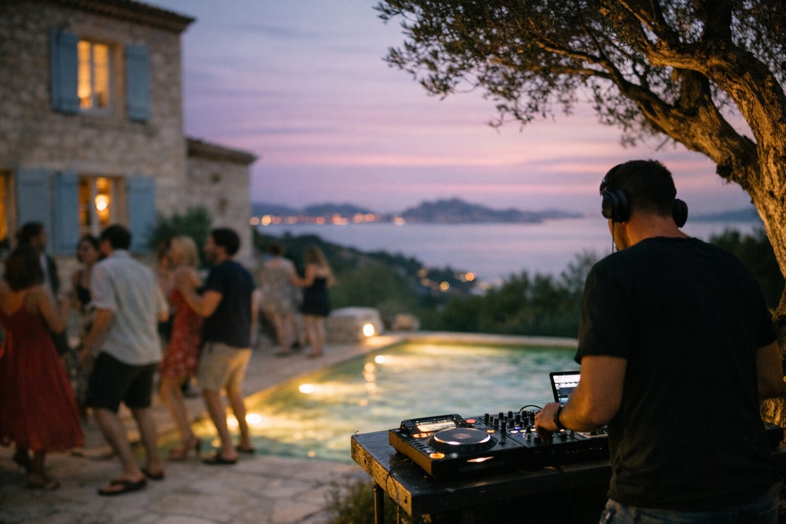 Soirée au bord de la piscine d'une villa provençale, DJ sous un olivier, vue sur la rade de Marseille à la tombée de la nuit