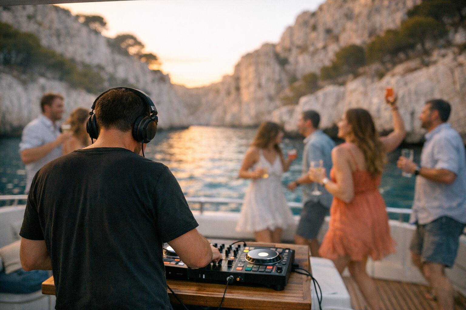DJ aux platines sur le pont d'un yacht au mouillage dans une calanque près de Marseille, au coucher du soleil