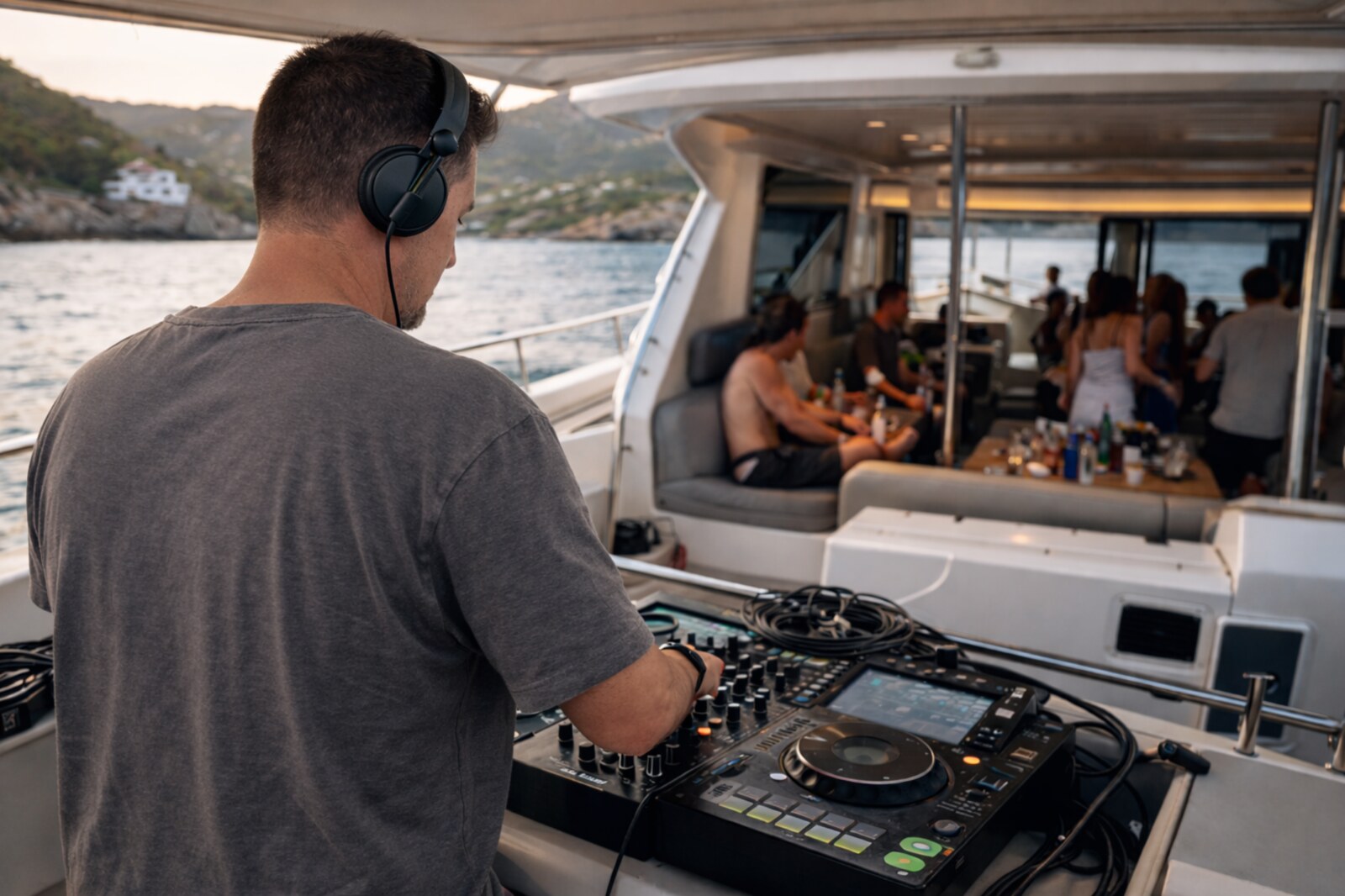 DEEP UNIT am DJ-Pult auf einer Yacht bei Sonnenuntergang